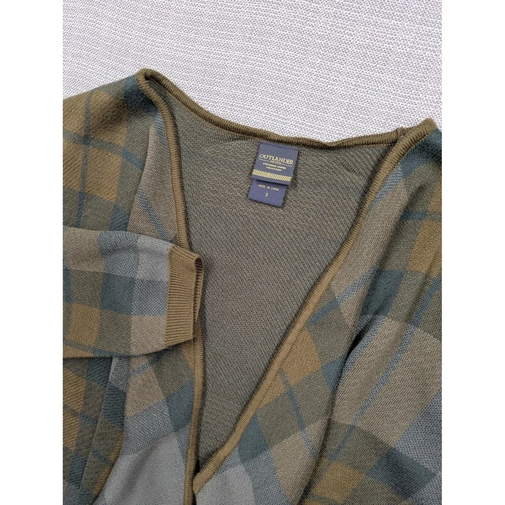 Outlander Cardigan Sweater Womens 3 Gray Plaid Open Front Ruffle Long Sleeve